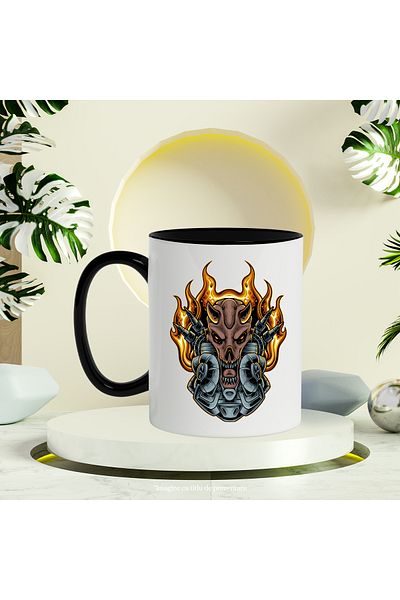 StoryGift Romania Demon Head Mug, Cables, Flames, Fire, Robot, Mecha, Multicolor 330 ml, Ce, Cu
