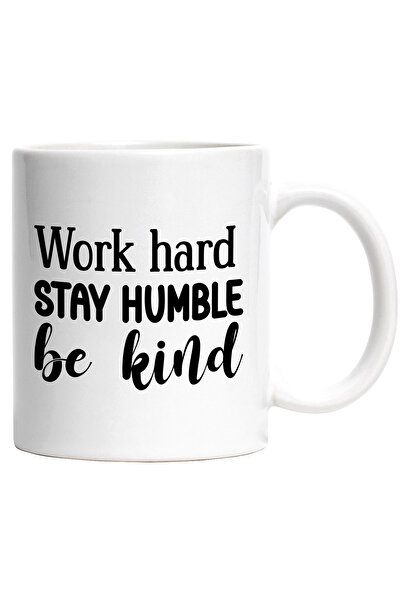StoryGift Romania Cana cu textul in engleza "Work hard, stay humble, be kind"...