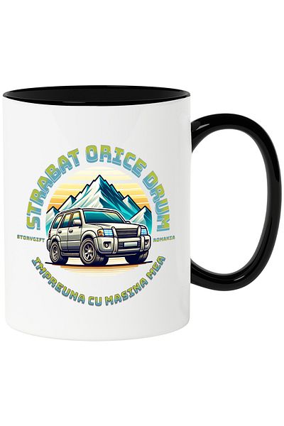 StoryGift Romania Cana strabat orice drum cu masina mea calatorie munte, 330ml, Ceramica cu Maner , Cu Maner Negru STG