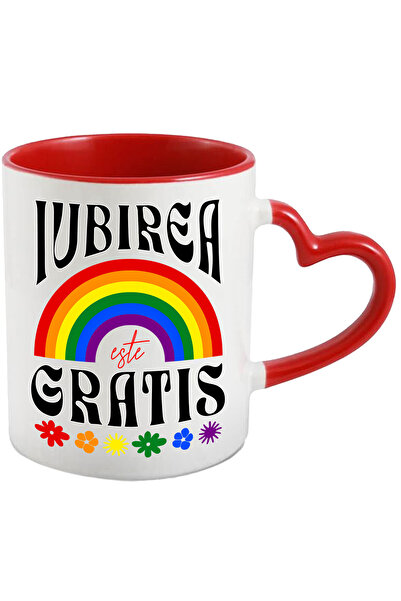 StoryGift Romania Cana cu Curcubeu Colorate Flori Diverse, Text Iubirea Este gratis, Ceramica, 330, Cu Maner Inim STG