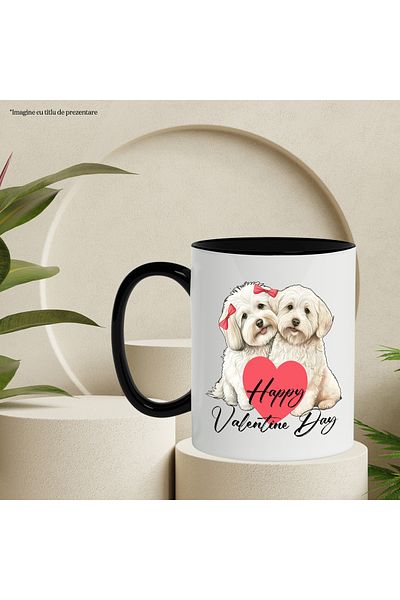 StoryGift Romania Mug with 2 puppies with a heart in the middle with the message "Happy Valentine's Day", happy, With