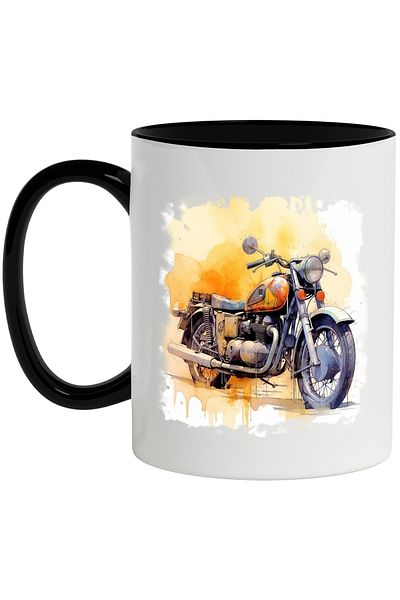 StoryGift Romania Cana Cu Motocicleta, Ilustratie Watercolor, Retro, Roti, Multicolor 330 ml, Cera, Cu Maner Negru