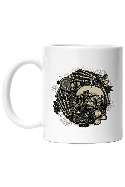 StoryGift Romania Cana Cu Craniu, Schelet, Flori, Crini, Ramura, Compas, Multicolor 330 ml, Cerami, Cu Maner Alb