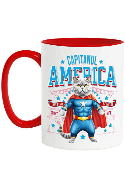 StoryGift Romania Mug with Siamese Cat in Captain America Costume with Cape, Hero N, with Red Handle STG
