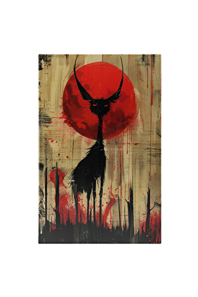 StoryGift Romania Tablou Canvas: Desen În Nuanțe De Negru Și Roșu Cu O Pisică Neagră Înfricoșătoare -în Lumina R