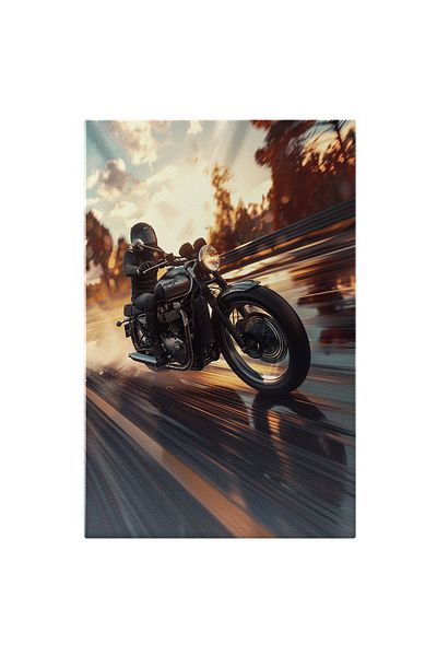 StoryGift Romania Tablou Canvas Posesor De Motocicleta Neagra Conduce Cu Viteza Pe Un Drum Umed De Langa Padure