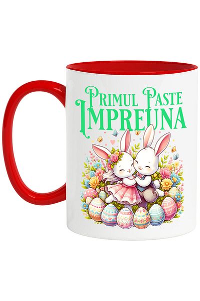 StoryGift Romania Cana cu Cuplu Fericit Iepuri Indragostiti Oua Colorate Paste, Flori Multicolor, , Cu Maner Rosu STG