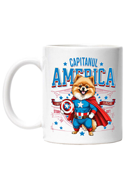 StoryGift Romania Mug with Pomeranian Dog in Captain America Costume with Cape, Night Hero,, With White Handle STG