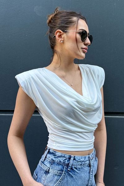 WOMAN VISION Padded Shoulder Flexible Sandy Fabric Degaje Collar Crop Ecru Blouse 8113