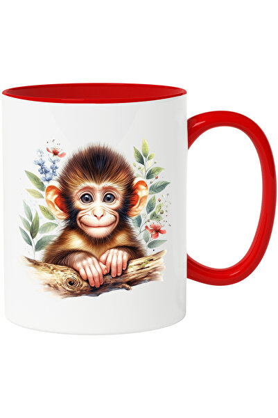 StoryGift Romania Cana cu o maimutica vesela care sta agatata de o ramura | flori | plante | veget, Cu Maner Rosu STG