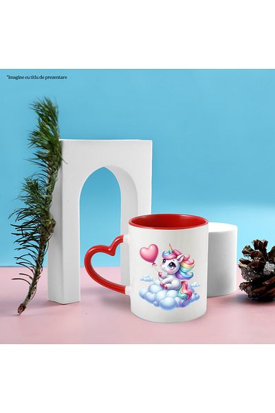 StoryGift Romania Mug with a unicorn sitting on a cloud | holding a pink heart-shaped balloon, With,STG.
