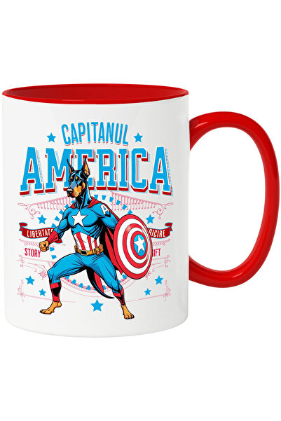 StoryGift Romania Mug with Doberman Pinscher Dog in Captain America Costume with Cape, Hero N, with Red Handle STG