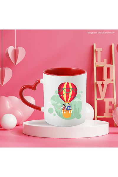 StoryGift Romania Cana Cu Balon Cu Aer Cald, Cuplu, Harta, Binoclu, Oras, Zbor, Multicolor 330 ml,, Cu Maner Inim STG