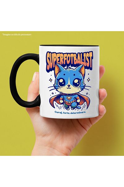 StoryGift Romania Super Footballer Mug, Superhero, Flying Cat, 330ml, Ceramic with Black Handle, With M