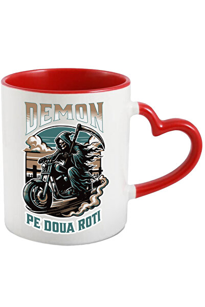 StoryGift Romania Cana demon pe doua roti moartea cu coasa pe motor , 330ml, Ceramica cu Maner Ini, Cu Maner Inim STG