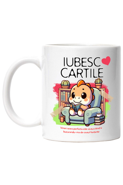 StoryGift Romania Cana Dinozaur pe fotoliu citind text ubesc cartile, 330ml, ...