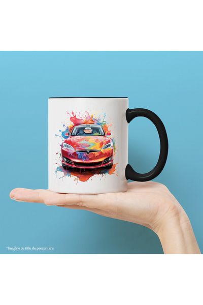 StoryGift Romania Mug With Car, Tesla, Watercolor, Paint Splashes, Multicolor 330 ml, Ceramic with, With, STG