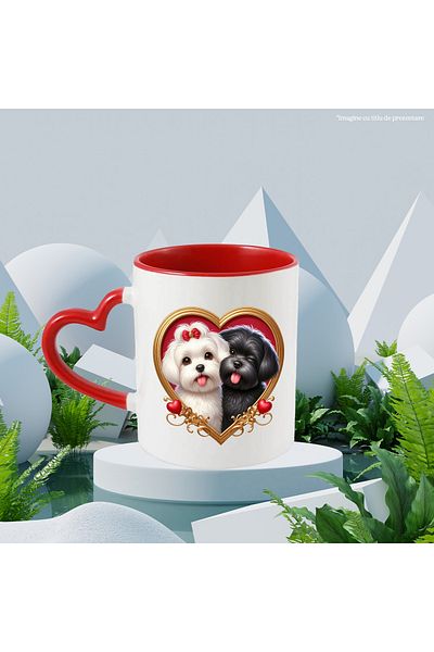 StoryGift Romania Mug with a white puppy and a black puppy | illustration | heart-shaped frame, With ,STG
