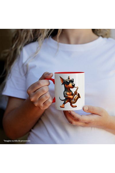 StoryGift Romania Mug With A Dog With Glasses Playing The Saxophone | Illustration | Black And Brown, With ,stg