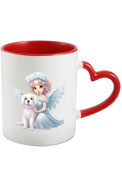 StoryGift Romania Cana cu o fetita cu aripi | ilustratie | catel alb | rochie | ninge | iarna | fr, Cu Maner Inim STG
