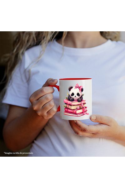 StoryGift Romania Mug with a Panda bear sitting on a stack of books | illustration | ready with ci, With ,STG.