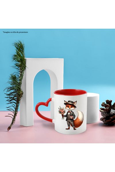 StoryGift Romania Mug with a fox holding a bouquet of flowers and a gift | illustration | but on, With ,STG