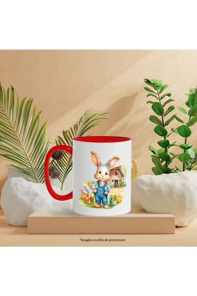 StoryGift Romania Mug with a cheerful bunny | illustration | house in the back | nature | grass | green, With ,STG