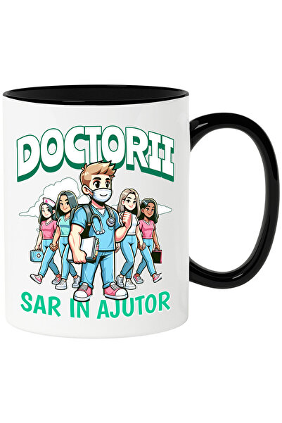 StoryGift Romania Cana cu Grup Doctori Tineri Medicina Text Doctorii Sar In ajutor Meserie Sanatat, Cu Maner Negru STG