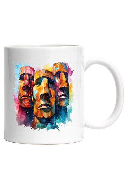 StoryGift Romania Cana Cu Statui, Moai, Ilustratie Acuarela, Piatra, Chip, Multicolor 330 ml, Cera, Cu Maner Alb