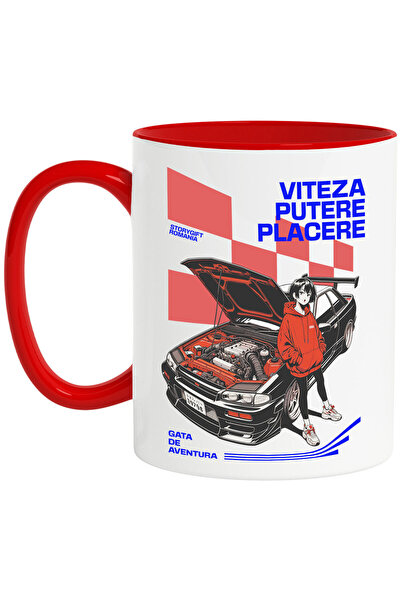 StoryGift Romania Cana cu Fata Stil anime Cu hanorac Rosu Langa Masina Cu Mot...