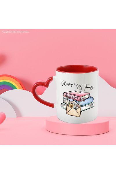 StoryGift Romania Mug with a stack of books with the message "Reading is my therapy", book, illustration,, With ,STG