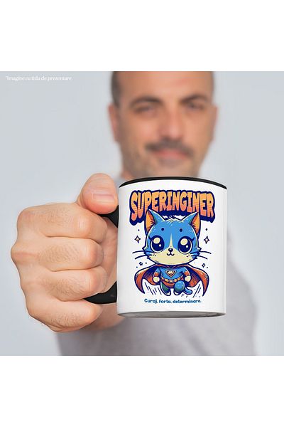 StoryGift Romania Super Engineer Mug, Superhero, Flying Cat, 330ml, Ceramic with Black Handle, With Handle, STG