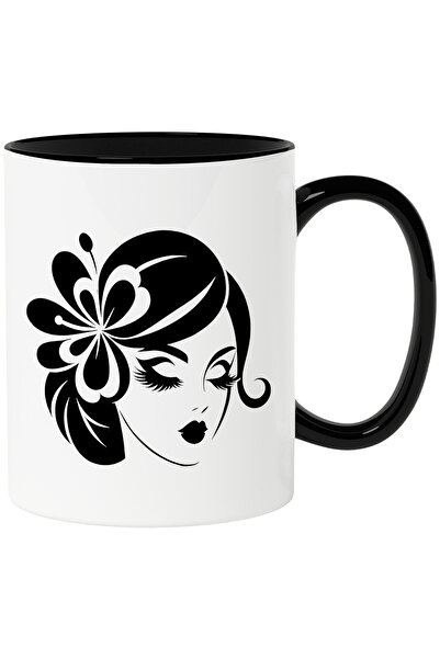 StoryGift Romania Cana cu o femeie frumoasa care are o floare la ureche cu Maner Negru, Cu Maner Negru STG