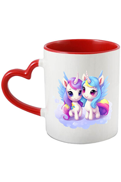 StoryGift Romania Cana cu 2 unicorn fericit | ilustratie | stau pe nori | aripi | micuti | amici |, Cu Maner Inim STG