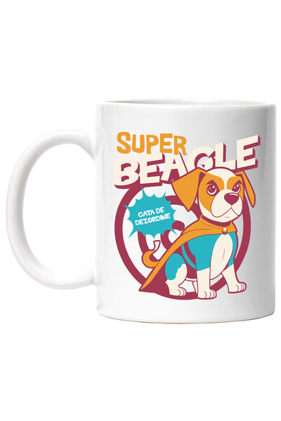 StoryGift Romania Cana cu Caine Cu Capa Colorata text Super Beagle Gata De Dezordine, Ceramica, 33, Cu Maner Alb STG
