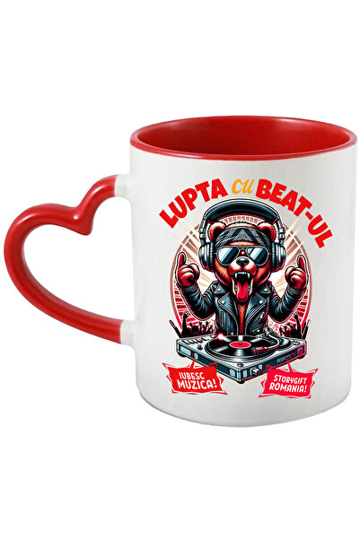 StoryGift Romania Cana cu Urs Cu Geaca De Piele Si Limab Scoasa Rock&Roll Petrecere Text In Limba , Cu Maner Inim STG