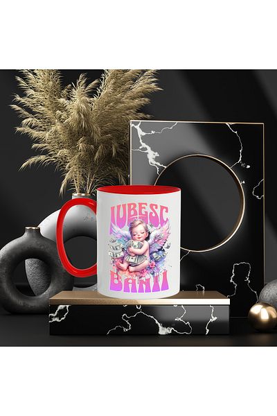 StoryGift Romania Pink angel mug with wings in the sky text I love money, 330ml, Ceramic with Red Handle, With Ma, STG