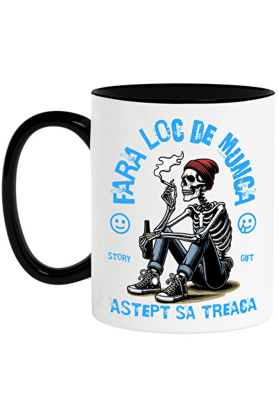 StoryGift Romania Cana cu Schelete Uman Cu Tigara Si Bere Text Fara Loc De Munca Astept Sa Treaca , Cu Maner Negru STG