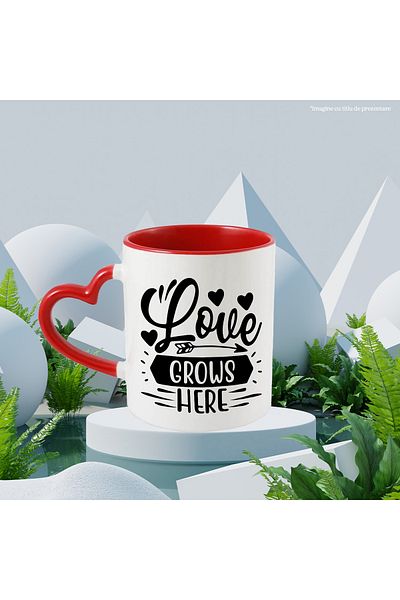 StoryGift Romania Mug with hearts and the message "Love grows here" - love grows here with Handle In, With, STG.