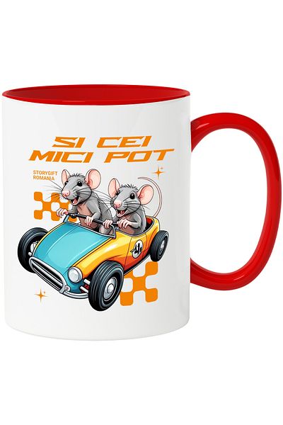 StoryGift Romania Cana cei mici pot soricei in masina de curse viteza , 330ml, Ceramic cu Maner R, Cu Maner Rosu STG