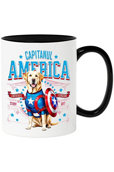 StoryGift Romania Labrador Retriever Dog Mug in Captain America Costume with Cape, Hero, with Black Handle STG