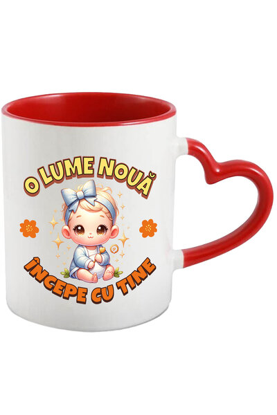 StoryGift Romania Cana cu Copil Bebe Fata Cu Funda Text O Lume Noua Incepe Cu Tine, Familie, Ceram, Cu Maner Inim STG
