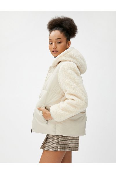 Koton Short Puffer Jacket Leather Look Plush Detailed Hooded