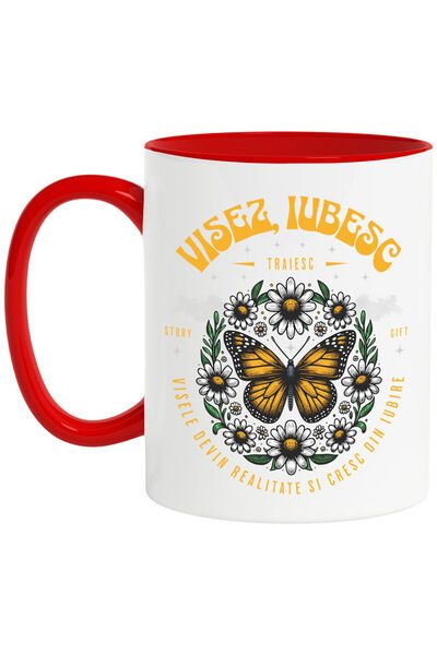 StoryGift Romania Mug with Colorful Flowers Yellow Butterfly Text I Dream, I Love Dreams Come True, With Red Handle STG