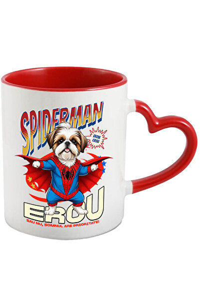 StoryGift Romania Cana cu Shih Tzu Caine In Costum de SpiderMan cu Pelerina, Erou Nocturn, Desene , Cu Maner Inim STG