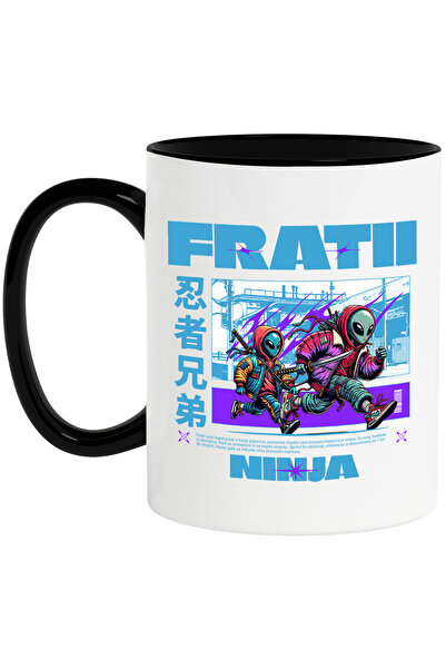 StoryGift Romania Cana Fratii ninja extraterestri fugind univers nou, 330ml, Ceramica cu Maner Neg, Cu Maner Negru STG