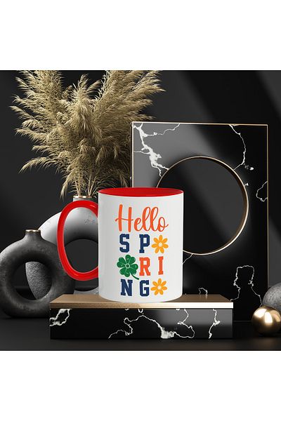 StoryGift Romania Popcorn mug with the message "Hello, spring" - good spring with Red Handle, With Handle, STG