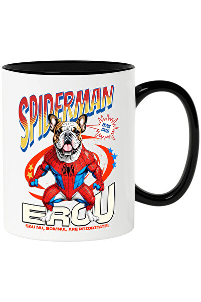 StoryGift Romania Cana cu Bulldog Caine In Costum de SpiderMan cu Pelerina, Erou Nocturn, Desene a, Cu Maner Negru STG