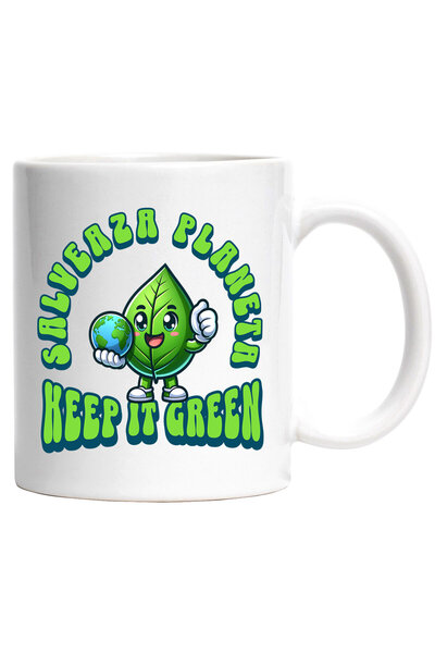 StoryGift Romania Cana cu Frunza Verde Vesela Glob Pamantesc In Mana, Ttext Salveaza Planeta keep , Cu Maner Alb STG