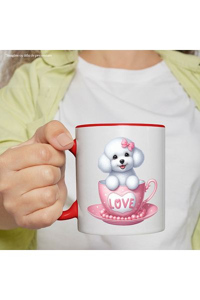 StoryGift Romania Mug with a white puppy | furry | illustration | sitting in a cup | bow | Valen, Cu,STG